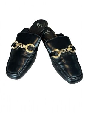 Zara Black Chain Mule Loafers Gold Hardware Square Toe Size 39 US 8.5 EUC